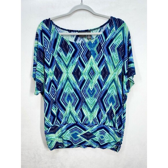 Chicos Travelers Short Sleeve Top Size 2/Large Blue Green Geometric Scoop Neck - Picture 1 of 9